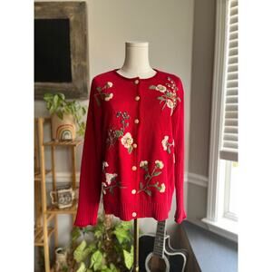 Vintage Y2K Red Cotton Floral Embroidered Susan Bristol Cardigan Size Large